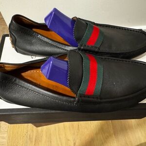 Black Leather Loafers with Red and Green Stripe